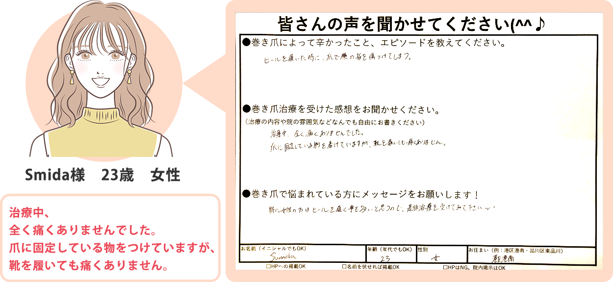 Smida様 23歳 女性 「治療中、全く痛くありませんでした。爪の固定しているものをつけていますが、靴を履いても痛くありません。」